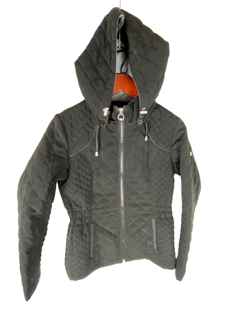 Laundry Quilted Jacket Womens Small Black Long Sleeve Hooded Pockets Full Zip